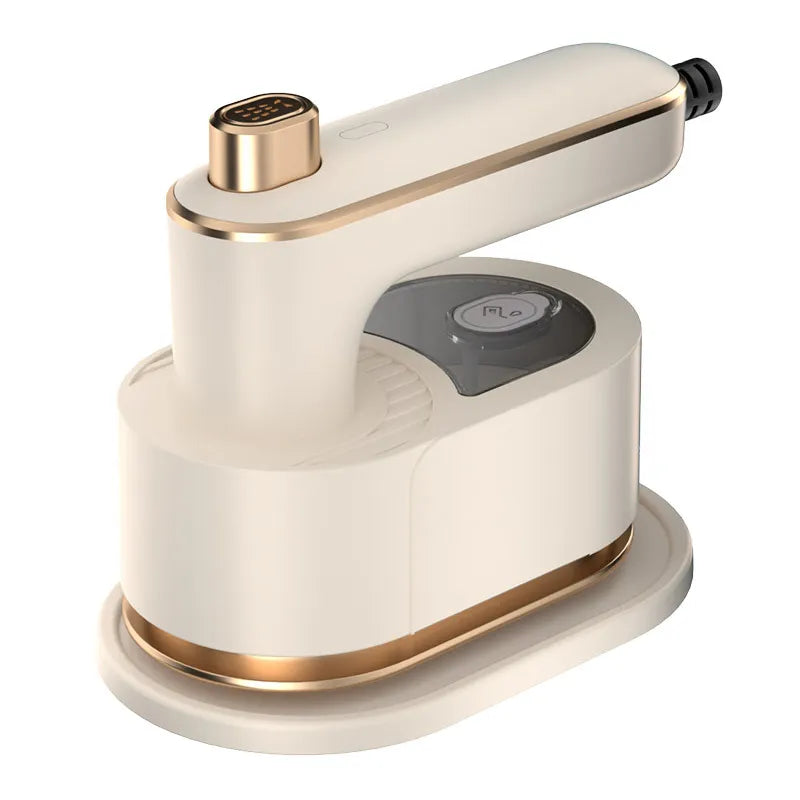 Beige folding garment steamer with gold trim